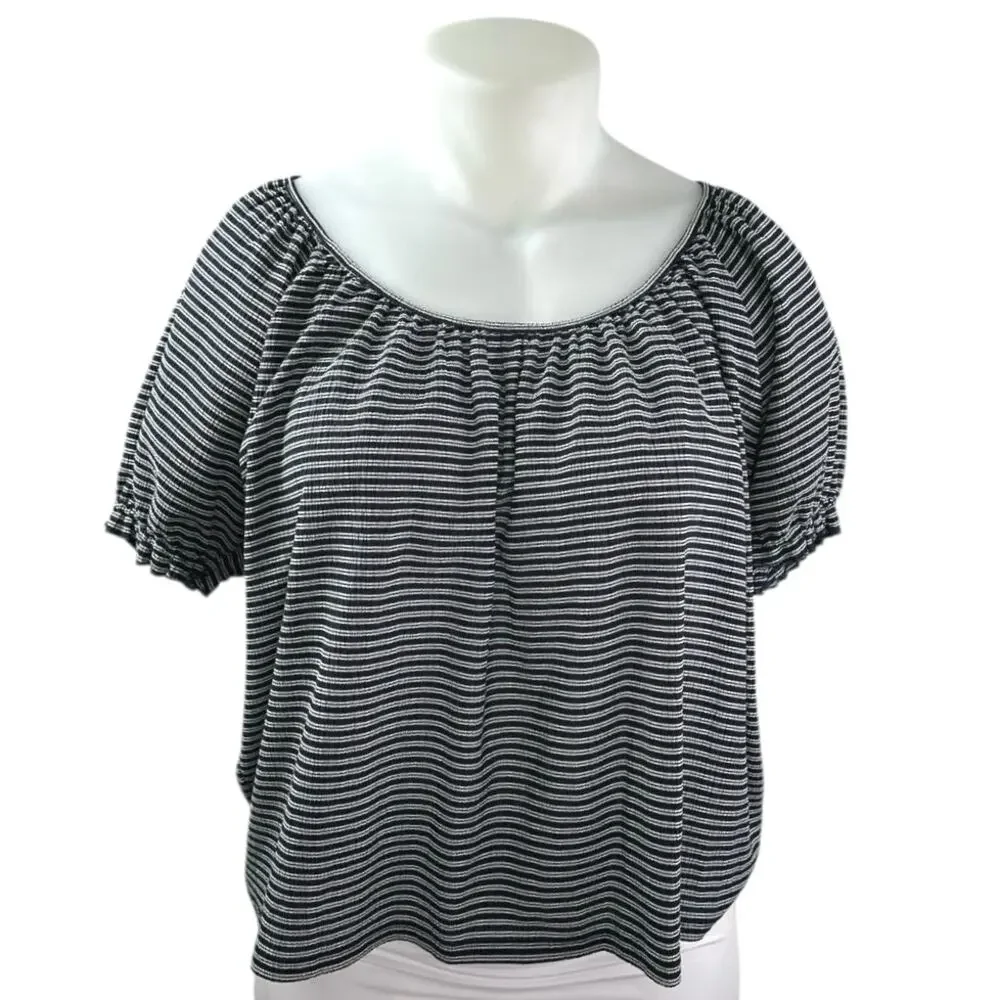 Madewell Texture & Thread Blue Striped Short Puff Sleeve Cropped Blouse Top XL